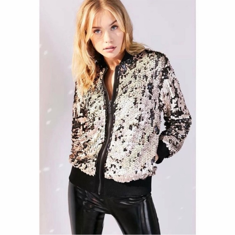 Silence + Noise Black and Silver Sequin Bomber Jacket